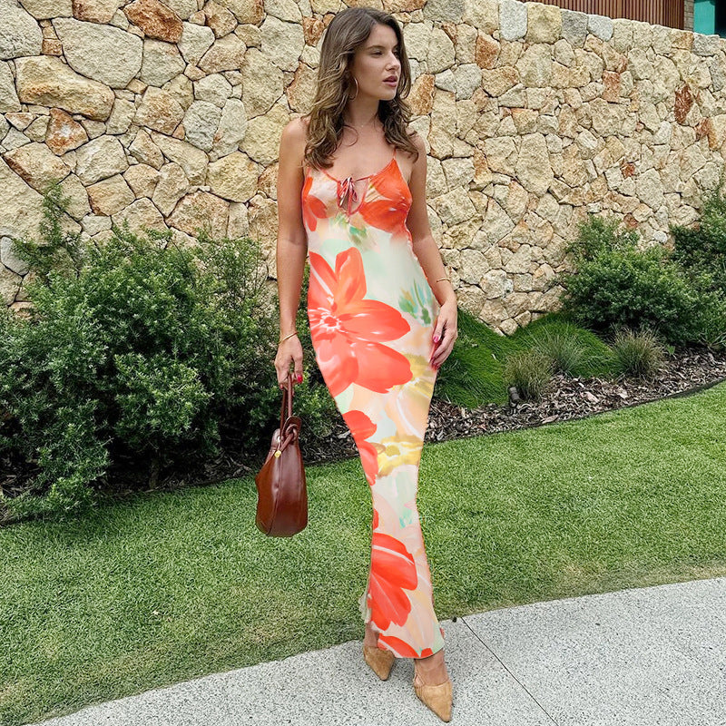 Sexy Suspenders Hollow Out Cutout Print Backless Dress Women Vacation Sexy Dress Bella Mia