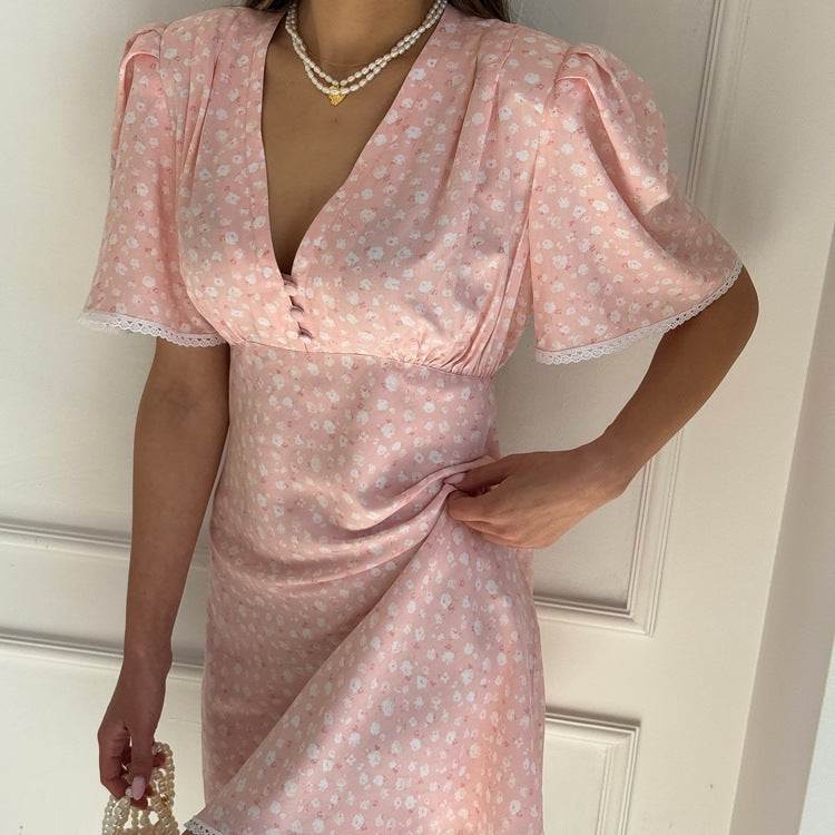 Women Clothing Summer Floral Dress Casual V neck Short Sleeve High Waist Short Dress Bella Mia