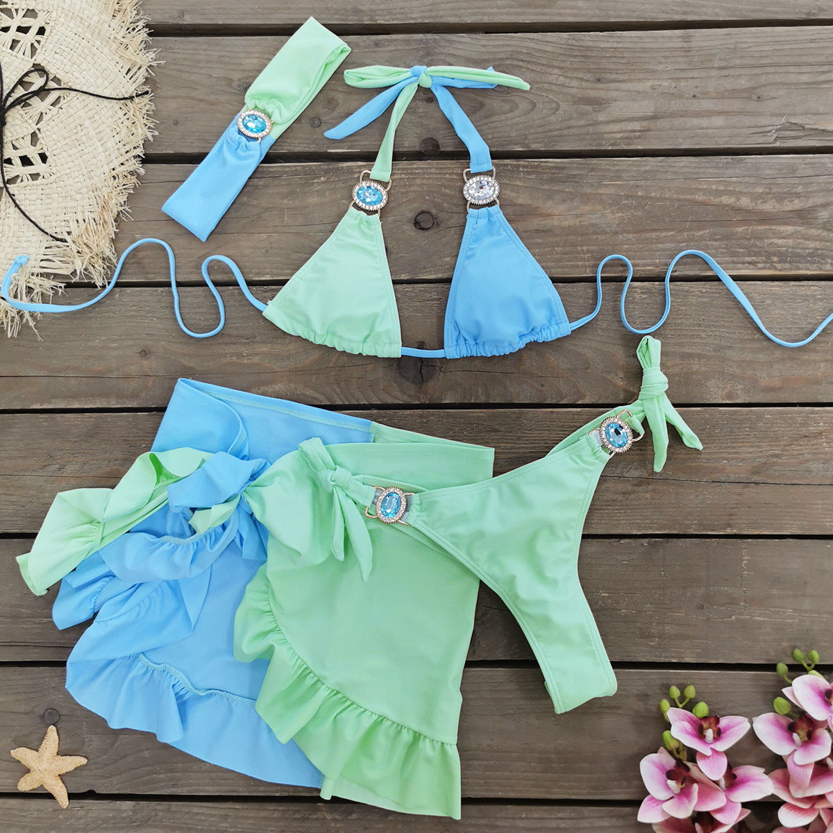 Solid Color Stitching Three Point Bikini Skirt Three Piece Suit Split Swimsuit Women Bella Mia