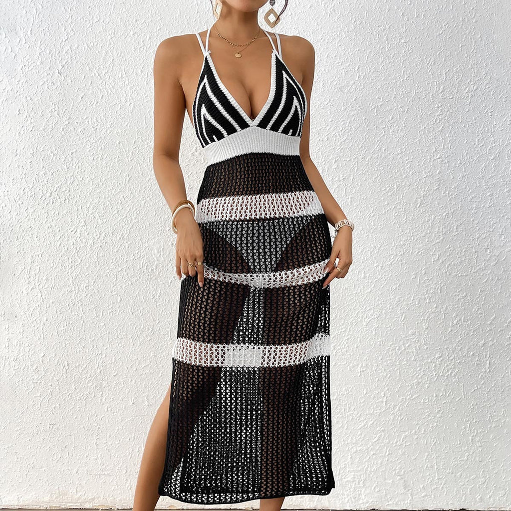Women Dress Women Clothing Color Contrast Patchwork Suspender Skirt Tied Slim Fit Dress Beach Cover up Bella Mia