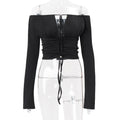 Women Clothing Fall Sexy off Shoulder Solid Color Cropped Hollow Out Cutout out Tied Long Sleeve T shirt Top Bella Mia