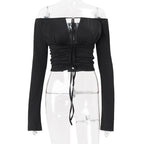 Women Clothing Fall Sexy off Shoulder Solid Color Cropped Hollow Out Cutout out Tied Long Sleeve T shirt Top Bella Mia
