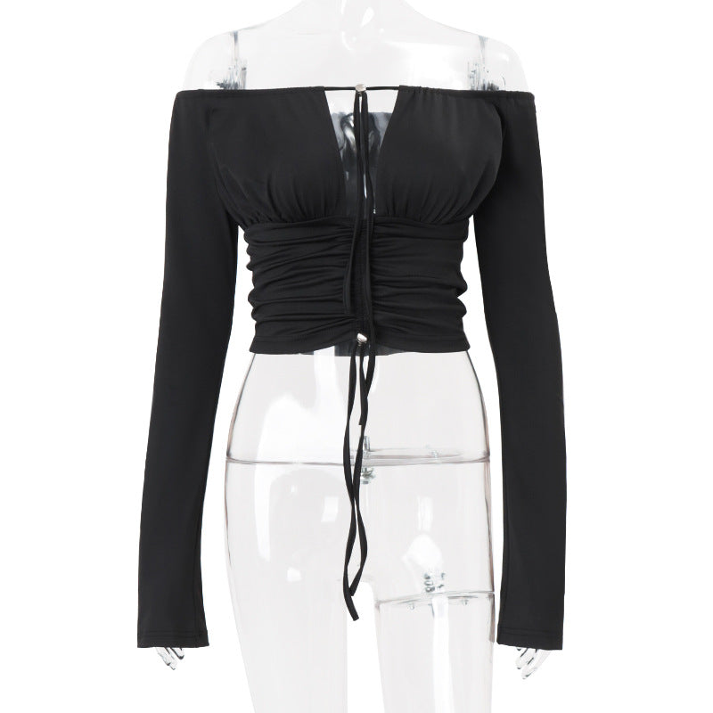 Women Clothing Fall Sexy off Shoulder Solid Color Cropped Hollow Out Cutout out Tied Long Sleeve T shirt Top Bella Mia
