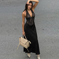Women Clothing Winter Hollowed out Backless Lace Patchwork Waist Slimming Deep V Plunge Sexy Halter Dress Bella Mia