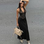 Women Clothing Winter Hollowed out Backless Lace Patchwork Waist Slimming Deep V Plunge Sexy Halter Dress Bella Mia