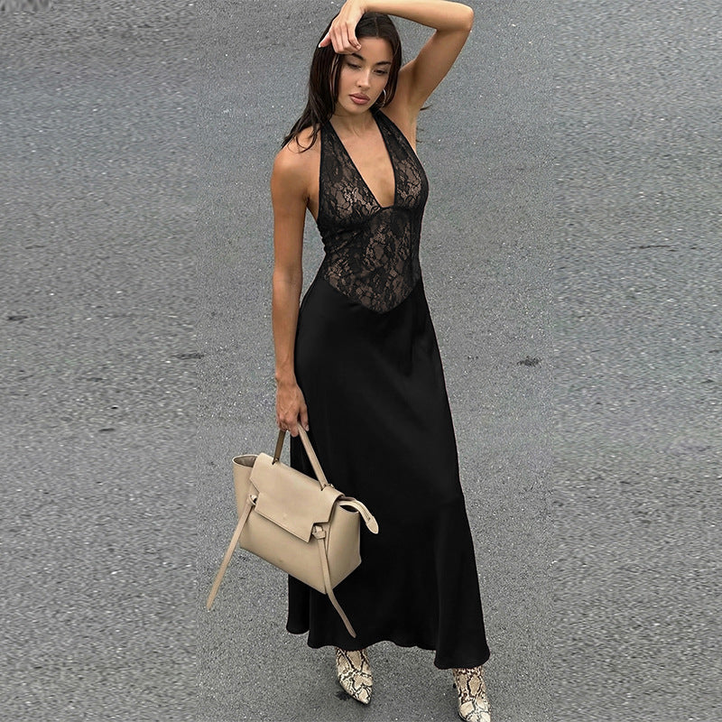 Women Clothing Winter Hollowed out Backless Lace Patchwork Waist Slimming Deep V Plunge Sexy Halter Dress Bella Mia