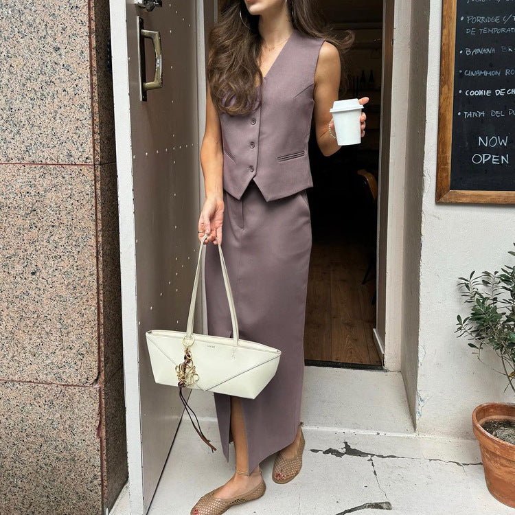 Vest Jacket Hip Skirt Set V neck Sleeveless Top Split Skirt Office Two Piece Set Bella Mia