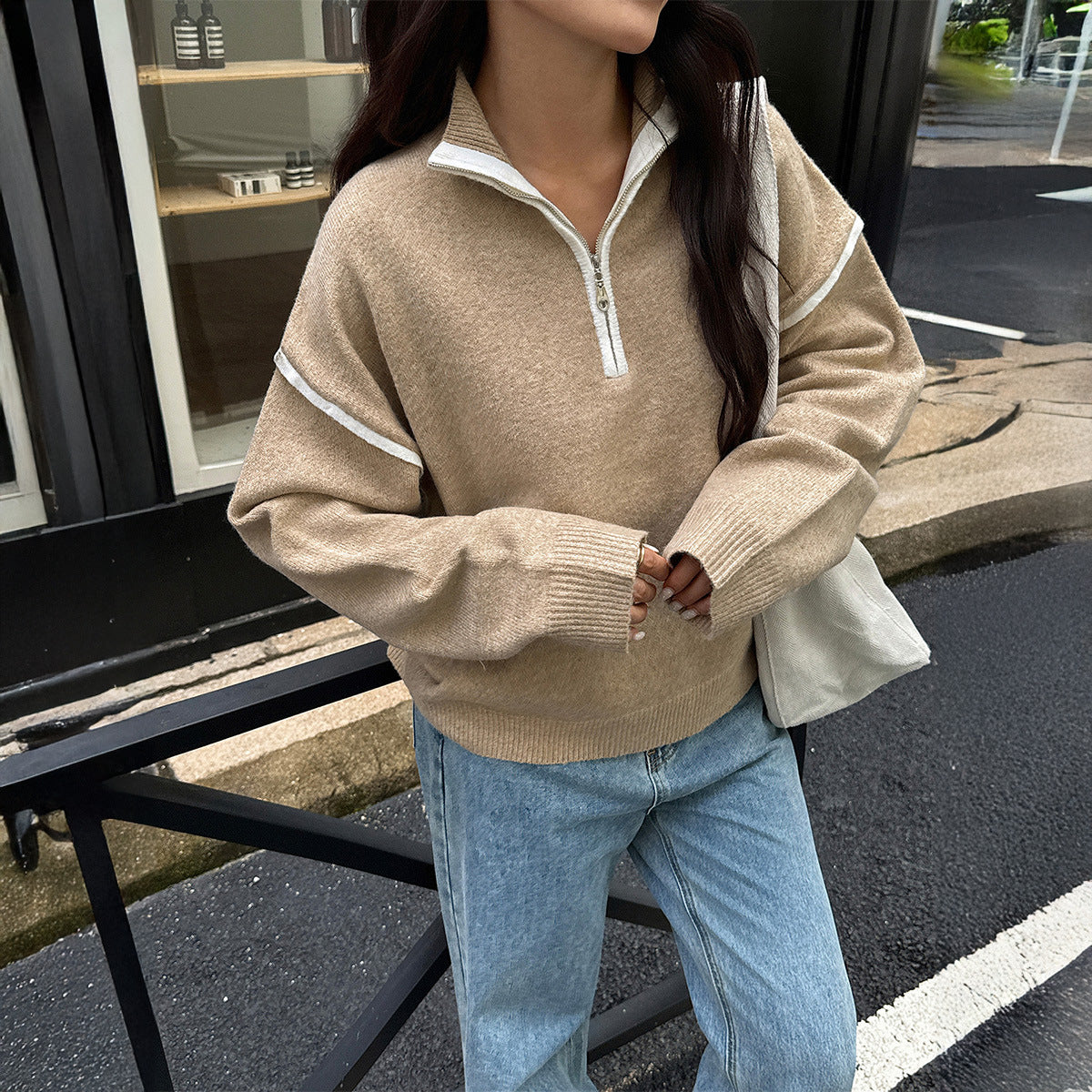 Casual Simple Solid Color Long Sleeve Zipper Sweaters Women Clothing Autumn Winter Bella Mia