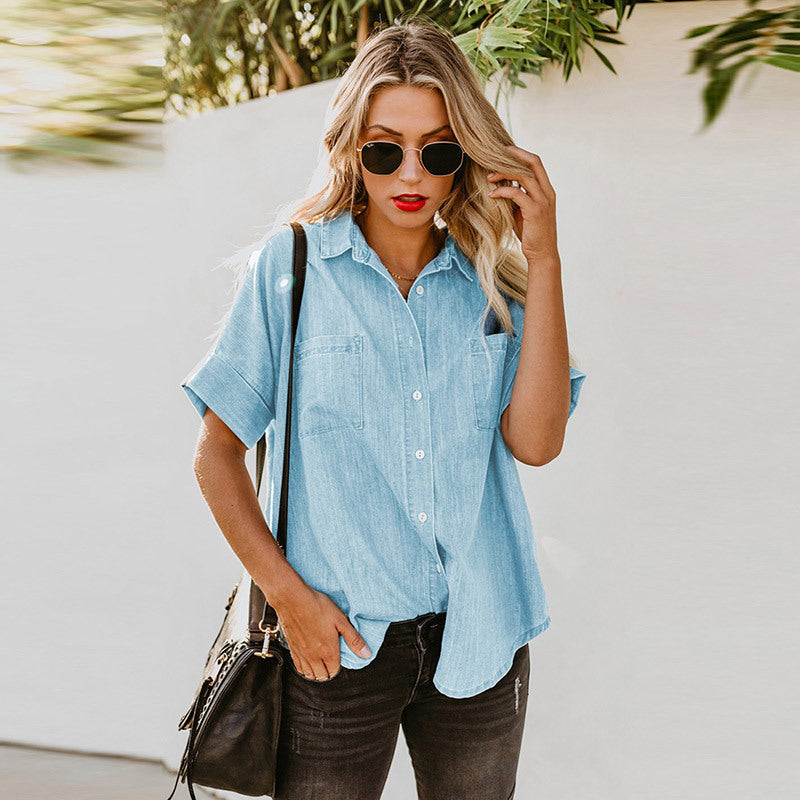Spring Summer Short Sleeve Straight Leg Denim Shirt Women Loose Top Women Bella Mia