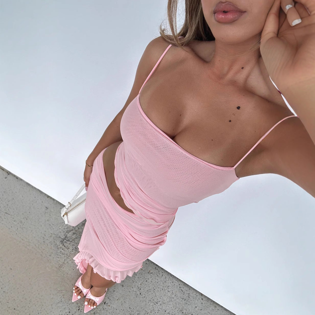 Vacation Women Clothing Cropped Outfit Ruffled Mesh Dress Irregular Asymmetric Solid Color Elegant Graceful Halter Bella Mia