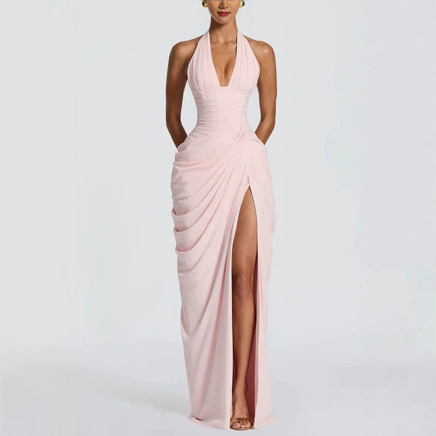 Spring Summer Halter Split Dress Casual Vacation Long Tie Dress