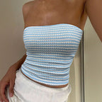 77Sexy Blue White Striped Tube Top Sleeveless Cold Shoulder Skinny Short Vacation Vest Top for Women Bella Mia