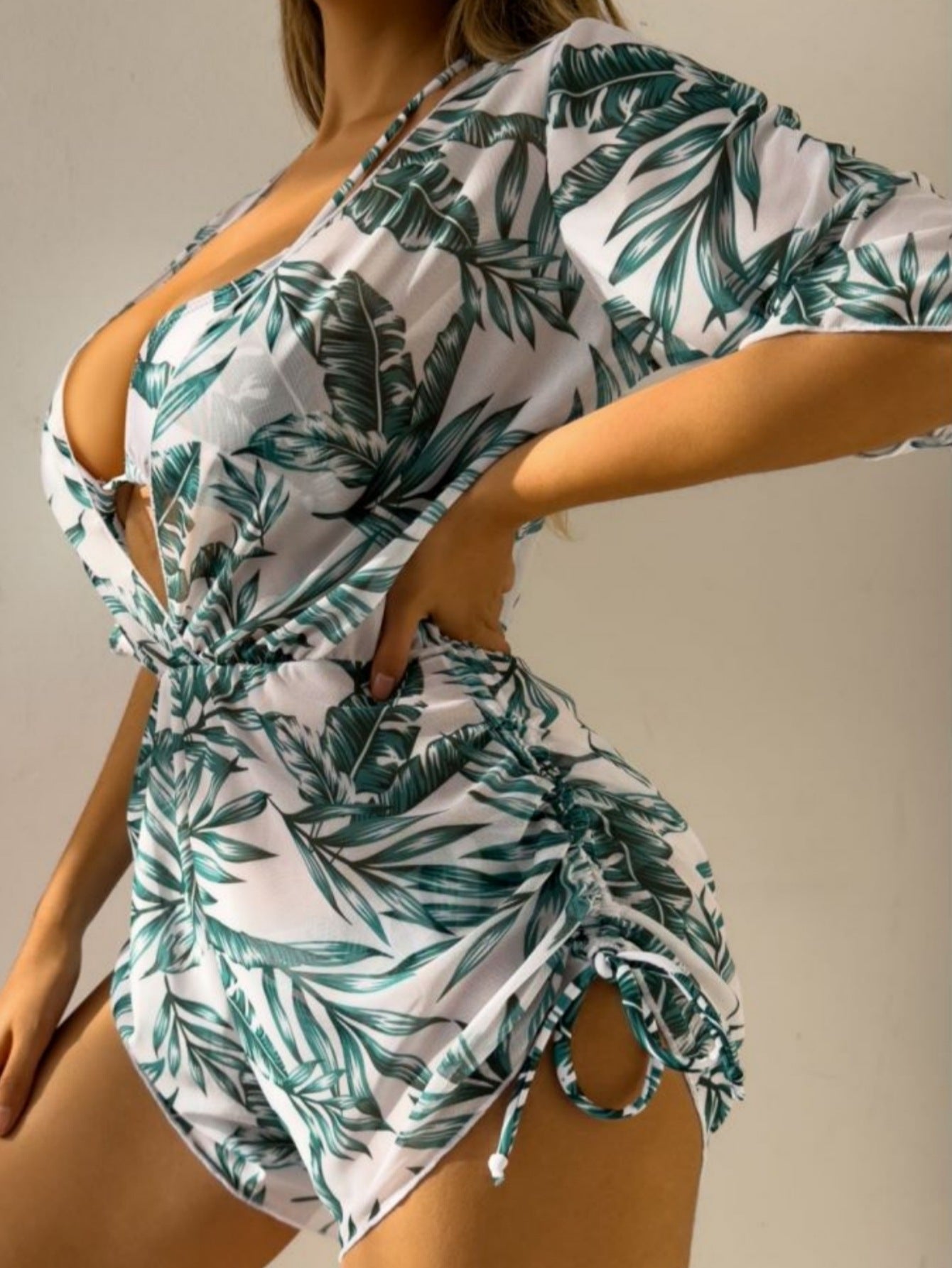 Three Piece Bikini Leaves Printed Waist Controlled Lace up Long Sleeve Beach Anti Ddos Swimsuit Bella Mia