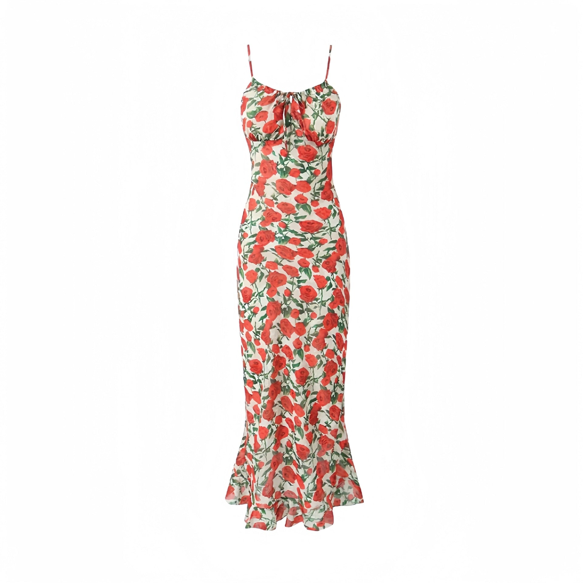 Long Rose Print Dress Sexy Girl Slim Fit Seaside Beach Vacation over the Knee Fishtail Suspender Bella Mia