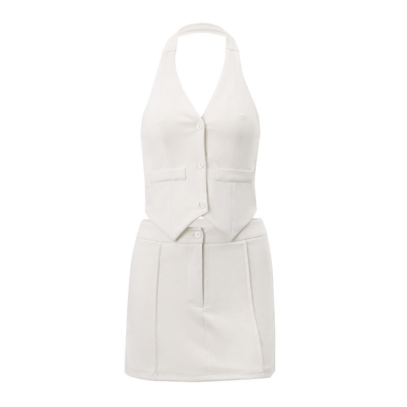 Women Clothing Summer Sexy Small Suit Faux Pocket Halterneck Vest A Line Skirt Set Women Bella Mia