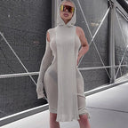 Women Clothing Autumn Fashionable See-through Irregular Asymmetric Shoulder Long Sleeve Hooded Dress Bella Mia