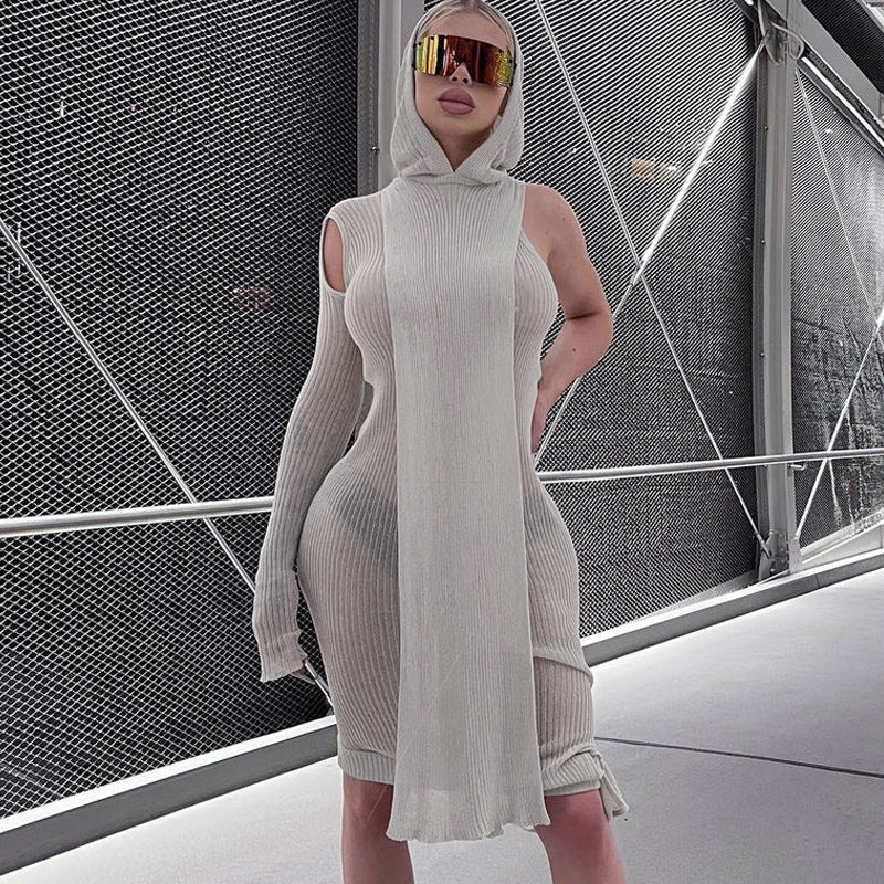 Women Clothing Autumn Fashionable See-through Irregular Asymmetric Shoulder Long Sleeve Hooded Dress Bella Mia