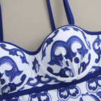 One Piece Swimsuit Women Skinny Slimming Vintage Printed Chiffon Dress with Steel Bracket Hard Bag Swimsuit Bella Mia