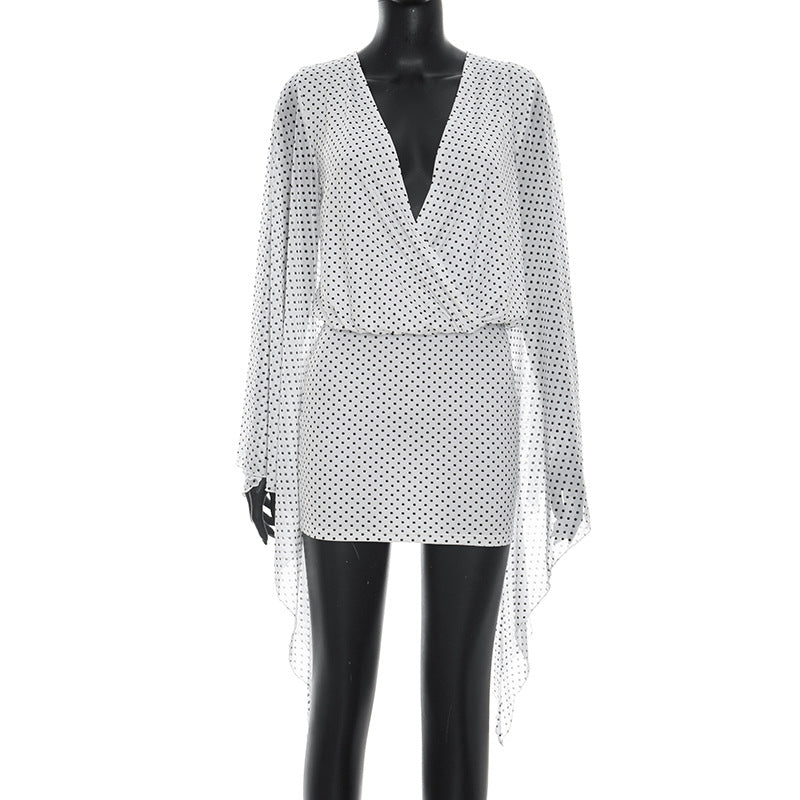 Women Clothing Summer Polka Dot Print Mesh Stitching Long Sleeves Bare Back Sheath Dress