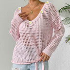 Women V neck Pullover Top Cutout Blouse Lace up Bow Outerwear Shirt Crochet Stitching Loose Sweater Women Bella Mia