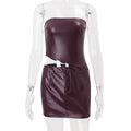 Women Clothing Fall Sexy Faux Leather Tube Top Irregular Asymmetric Top Hip Skirt Set Bella Mia