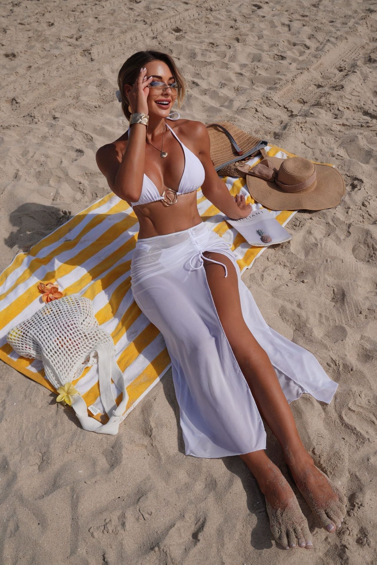 Solid Color Beach Sun Protection Tulle Skirt Sexy Three Piece Set Bikini Split Swimsuit Bella Mia