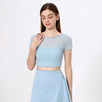 Faux Two Piece Mesh Sports T shirt Women Short Sleeve with Chest Pad Yoga Clothes Cropped Top Quick Drying Slimming Fitness Bella Mia