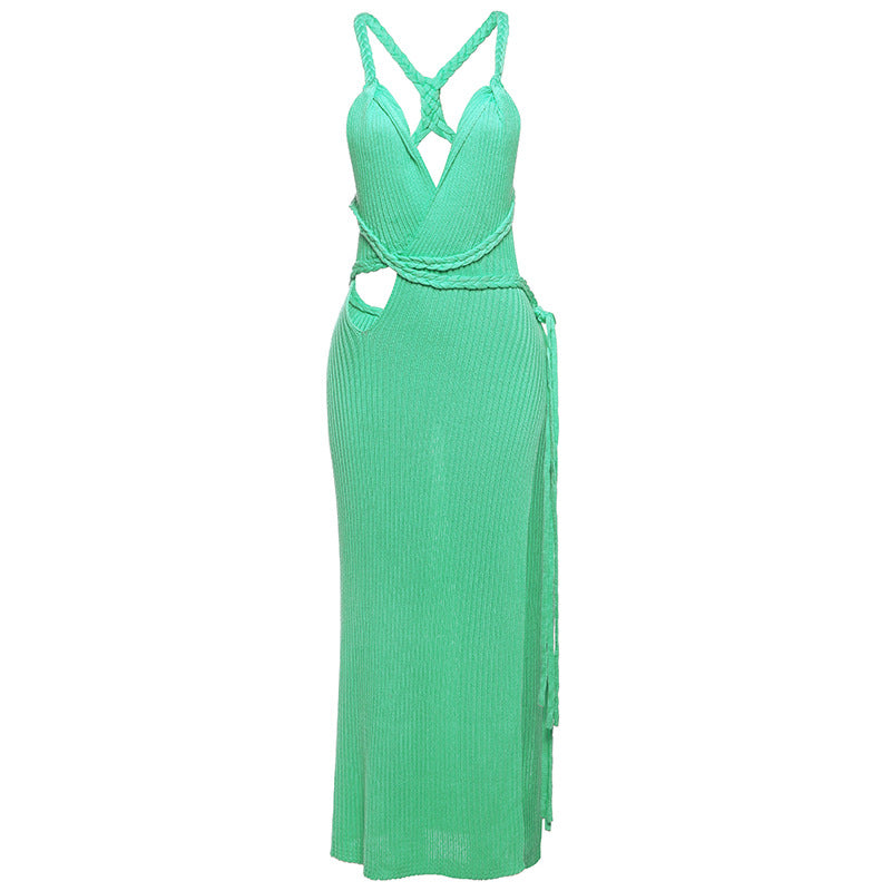 Women Clothing Summer Sexy Solid Color V neck Hollow Out Cutout Slim Knit Tassel Side Split Dress Bella Mia