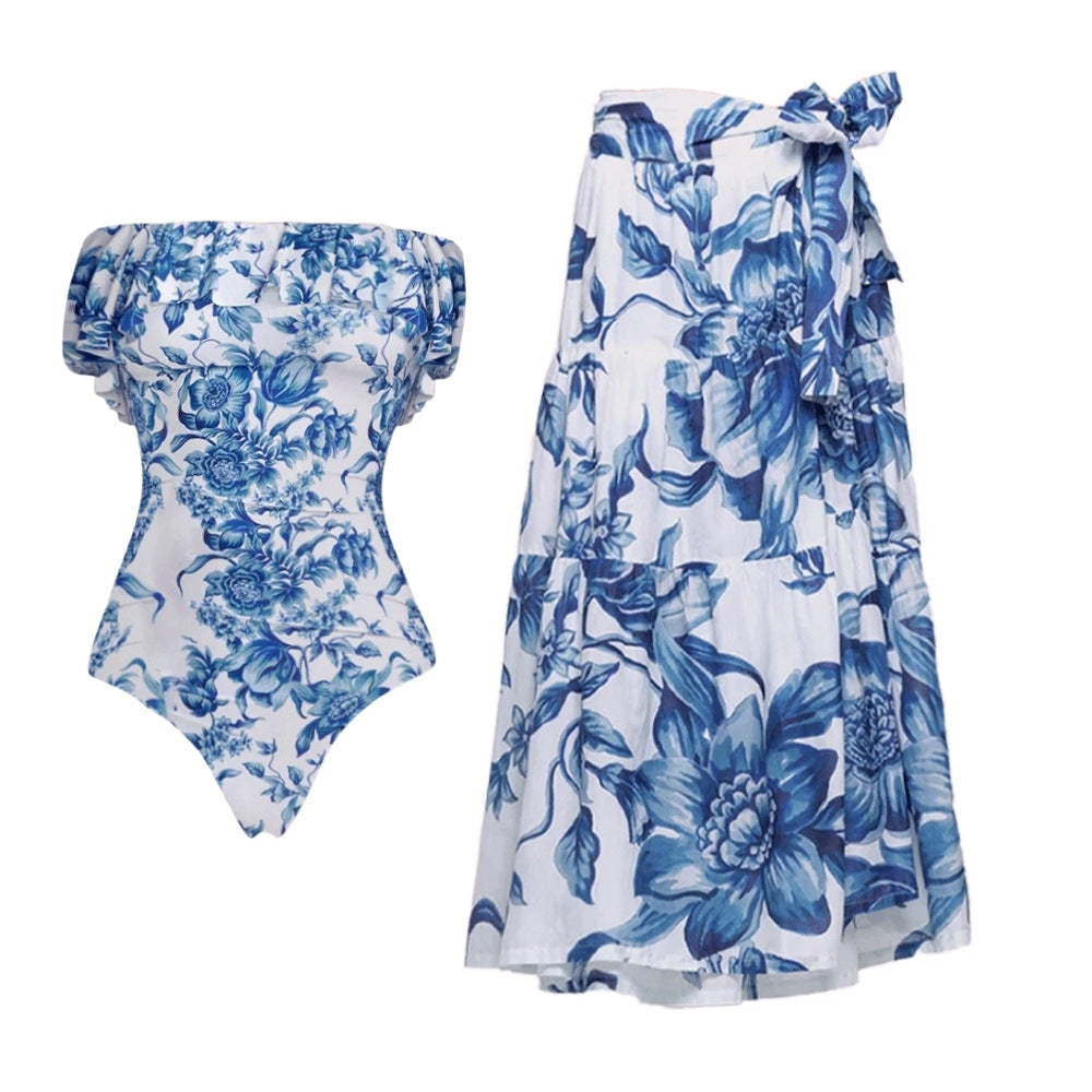 Bikini Blue Color Floral Vacation Split Swimsuit Women Bella Mia