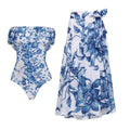 Swimsuit Blue Color Floral Vacation Swimsuit Women Long Skirt