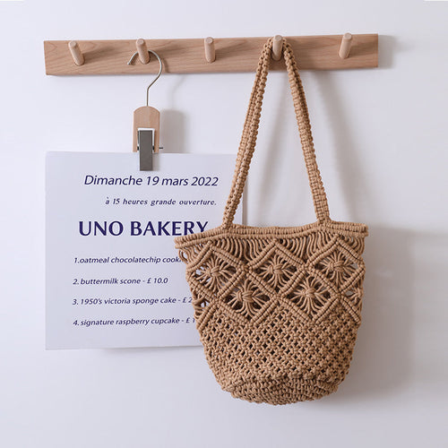 Artistic Simple Cotton Thread Shoulder Woven Bag Summer Niche Hollow Out Cutout Straw Bag Portable Women Bag Vacation Beach Bag Bella Mia