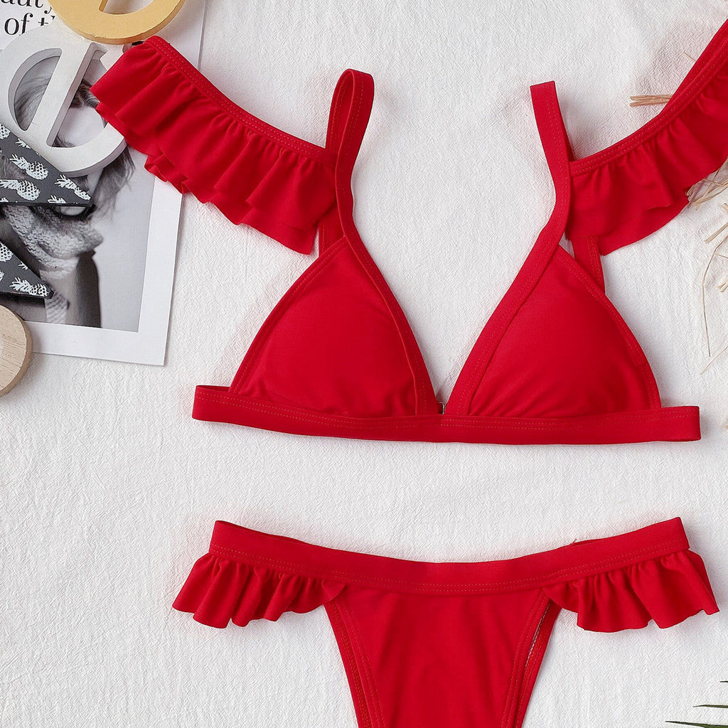 Outer Single Swimsuit Solid Color Lotus Sleeve Women Seperated Swimwear Swimsuit Bella Mia