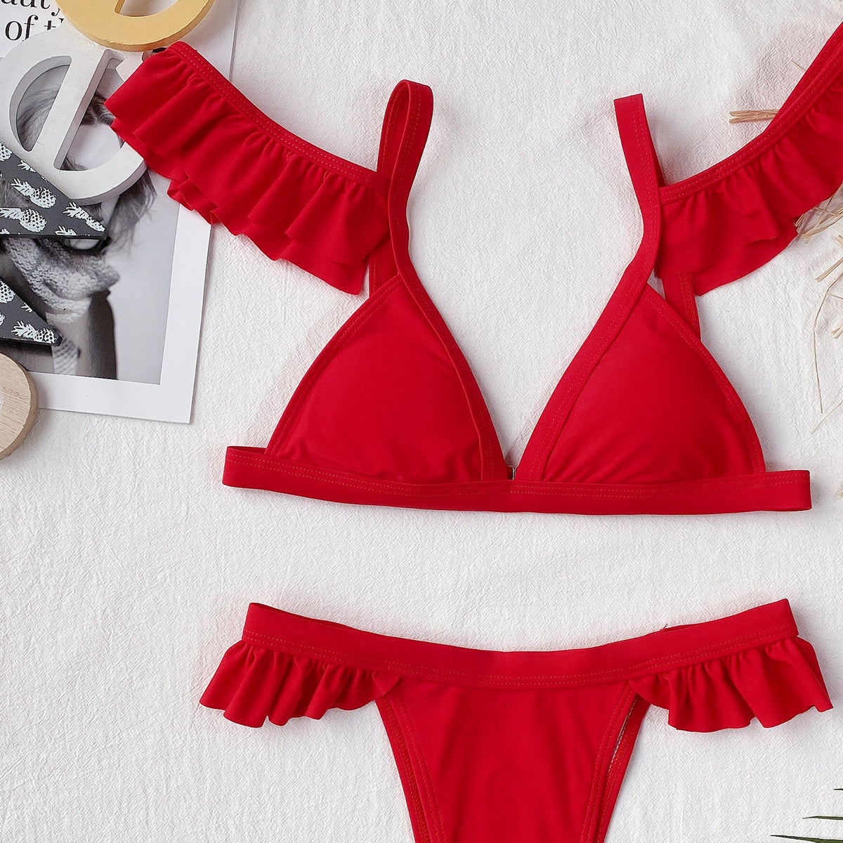 Outer Single Swimsuit Solid Color Lotus Sleeve Women Seperated Swimwear Swimsuit Bella Mia