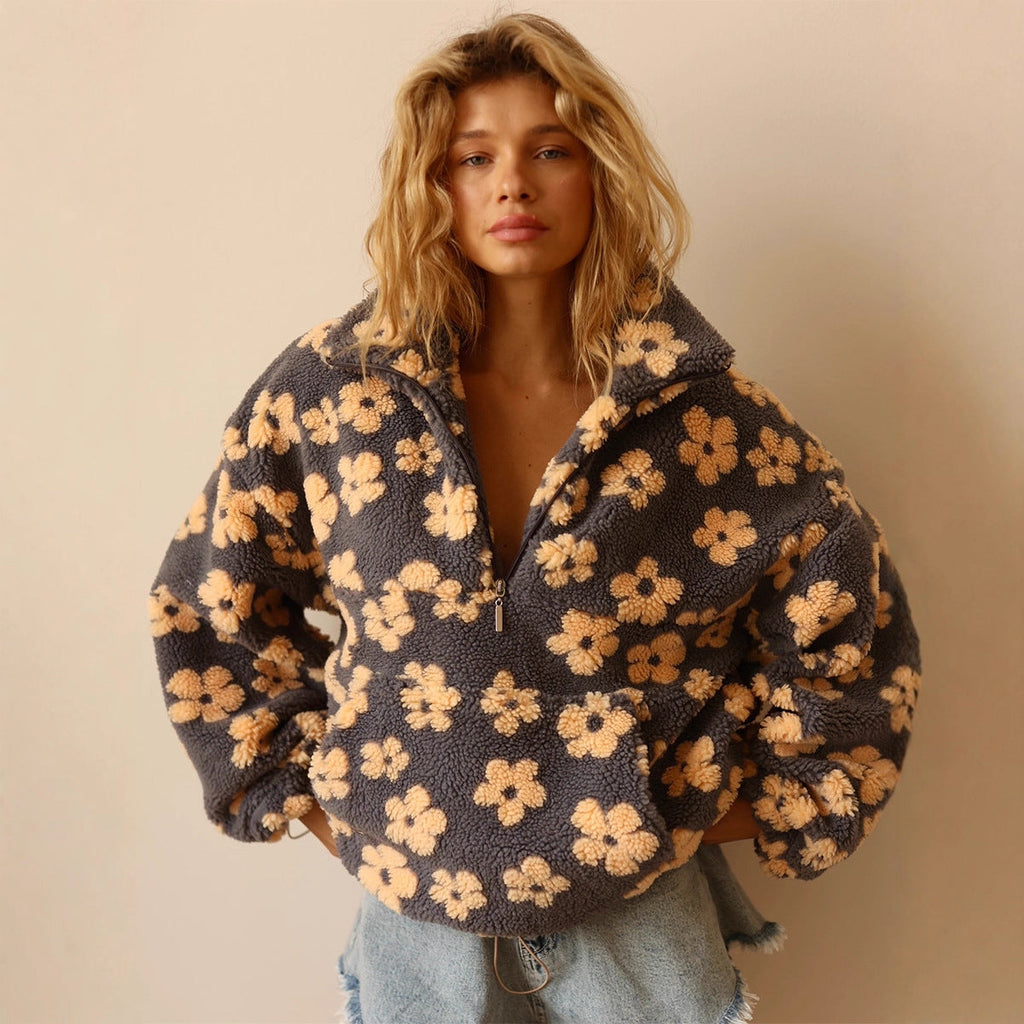 Women Polar Fleece Floral Autumn Winter Sweater Warm Furry Fleece Pullover Bella Mia