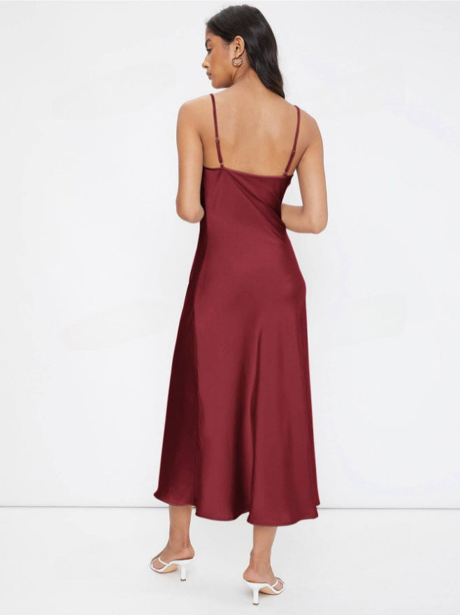 Women Clothing Spring Summer Satin Sling Deep V Plunge neck Slim Solid Color Dress Bella Mia