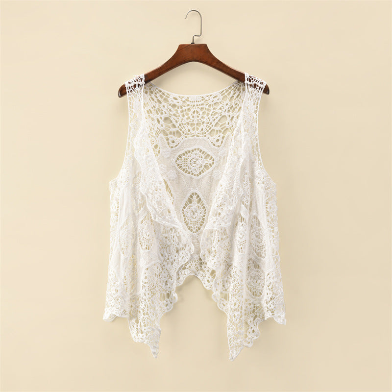 Women Summer Coat Thin Coat Sleeveless Lace Cardigan All Match Shawl Beachwear Sun Protection Clothing Women Hollow Out Cutout Shirt Bella Mia