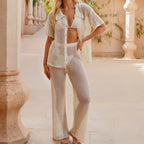 Beach Loose Short Sleeve Shirt Casual Trousers Hollow Out Cutout out See through Sexy Vacation Sun Protective Blouse Two Piece Sets Bella Mia