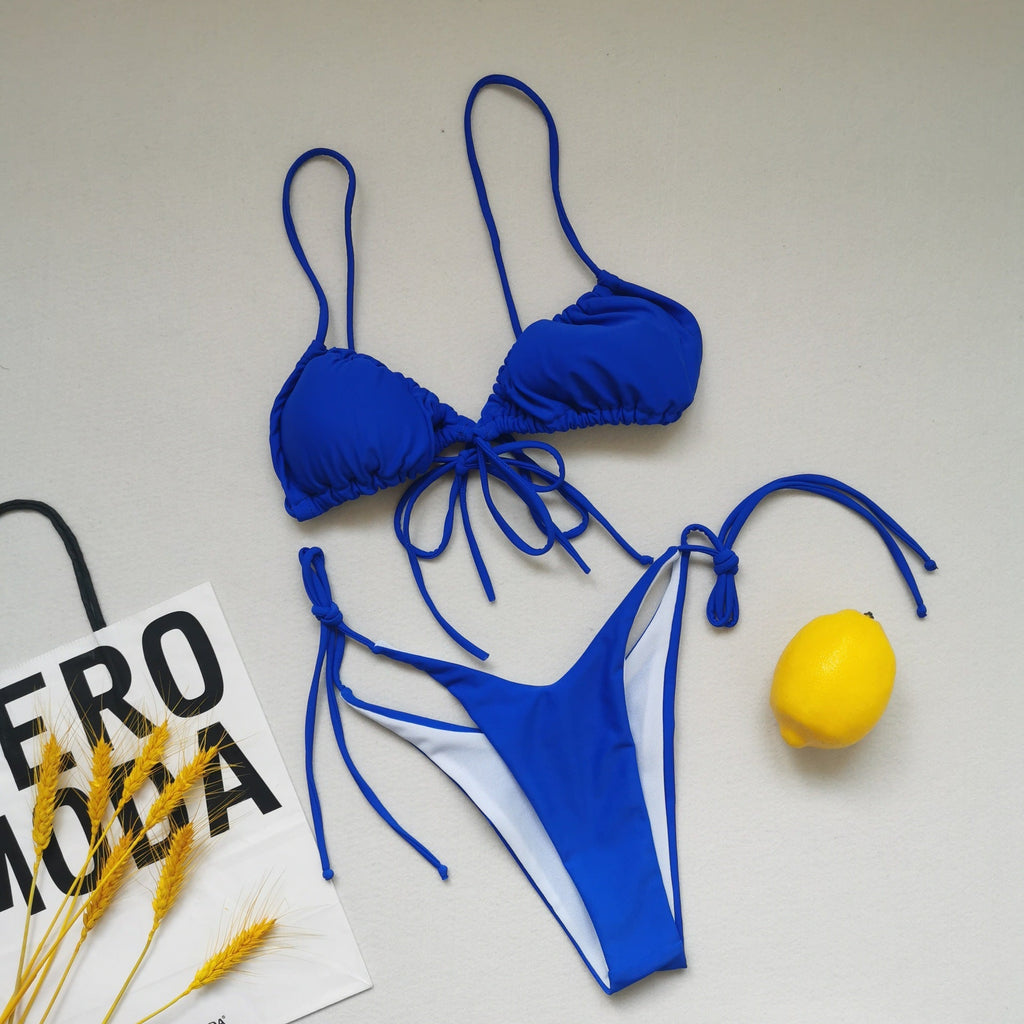 Sling Bandage Swimsuit Women Pleated Push up Drawstring Sexy Solid Color Bikini Swimsuit Bella Mia