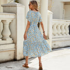 V neck Short Sleeve Hollow Out Cutout Lace Stitching Flounced Pastoral Vacation Dress Bella Mia