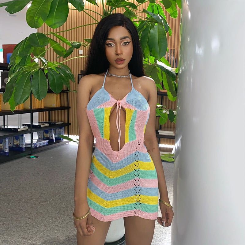 Wave Striped Contrast Color Product Mother Halter Straps Backless Chest Hollow Out Cutout Sexy Woolen Short Dress Women Bella Mia
