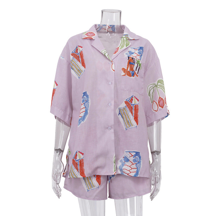 Summer Women Digital Printing Casual Shirt Outfit Collared Short Sleeve Cardigan Top Shorts Two Piece Set Bella Mia