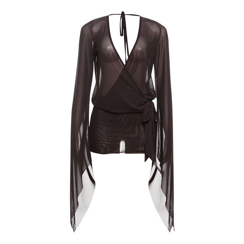 Spring Sexy Deep V Plunge See through Backless Lace up Solid Color Sheath Short Dress Women Bella Mia