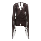 Spring Sexy Deep V Plunge See through Backless Lace up Solid Color Sheath Short Dress Women Bella Mia
