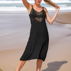 Summer Mid Length Vacation Beach Dress Solid Color Sleeveless Hollow Out Cutout-out Camisole Bikini Smock Dress Bella Mia