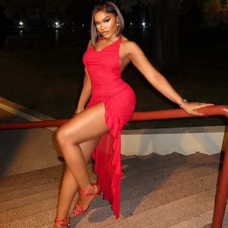 Sexy Women Elegant Solid Color Fishtail Dress Sleeveless V neck Mid Length Dress Bella Mia
