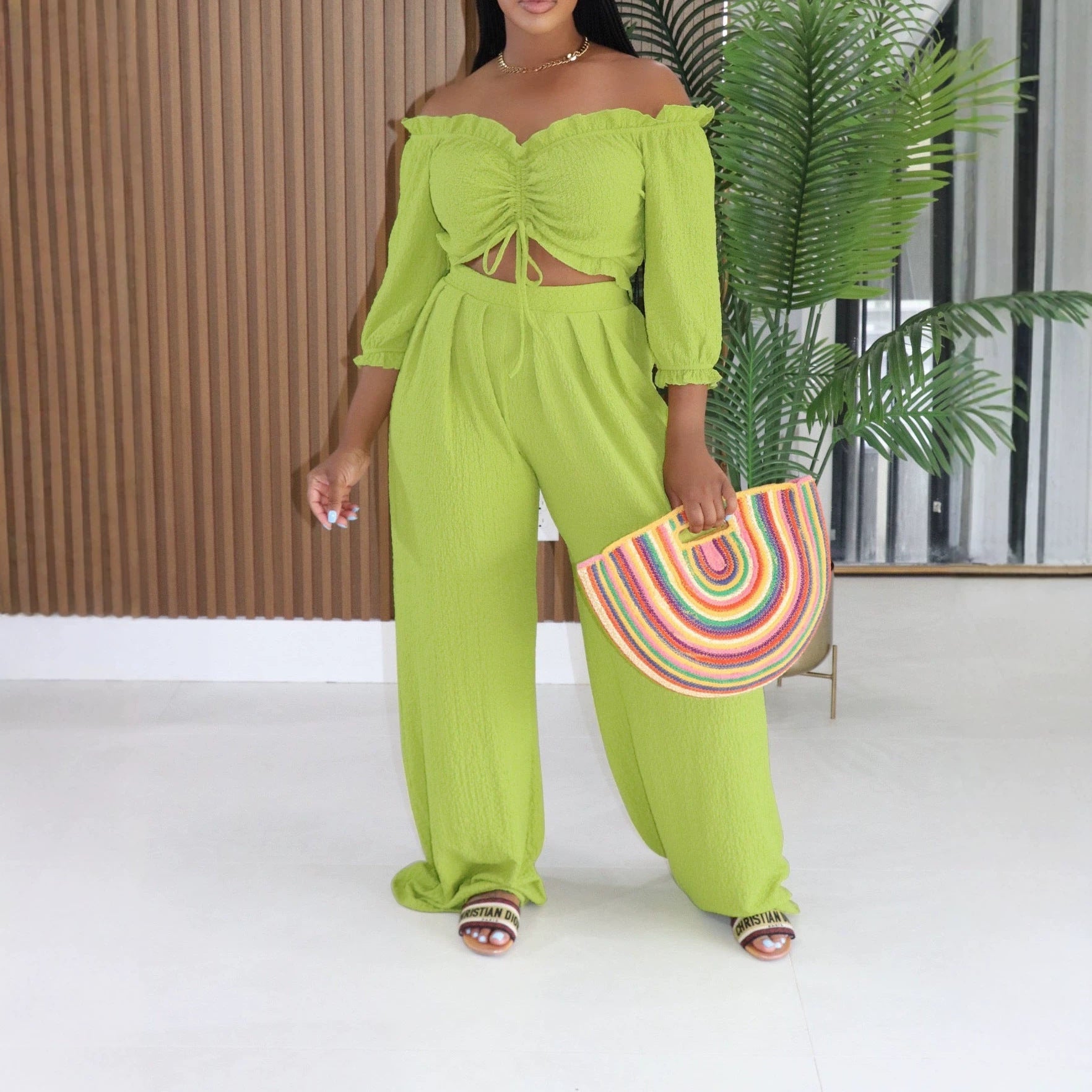 Women Clothing Half Sleeve Pleated Lace up Loose Breathable Two Piece Sets Sexy Summer