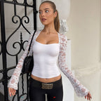 Women Clothing Summer Sexy Lace Cutout Stitching Long Sleeved Top Bella Mia