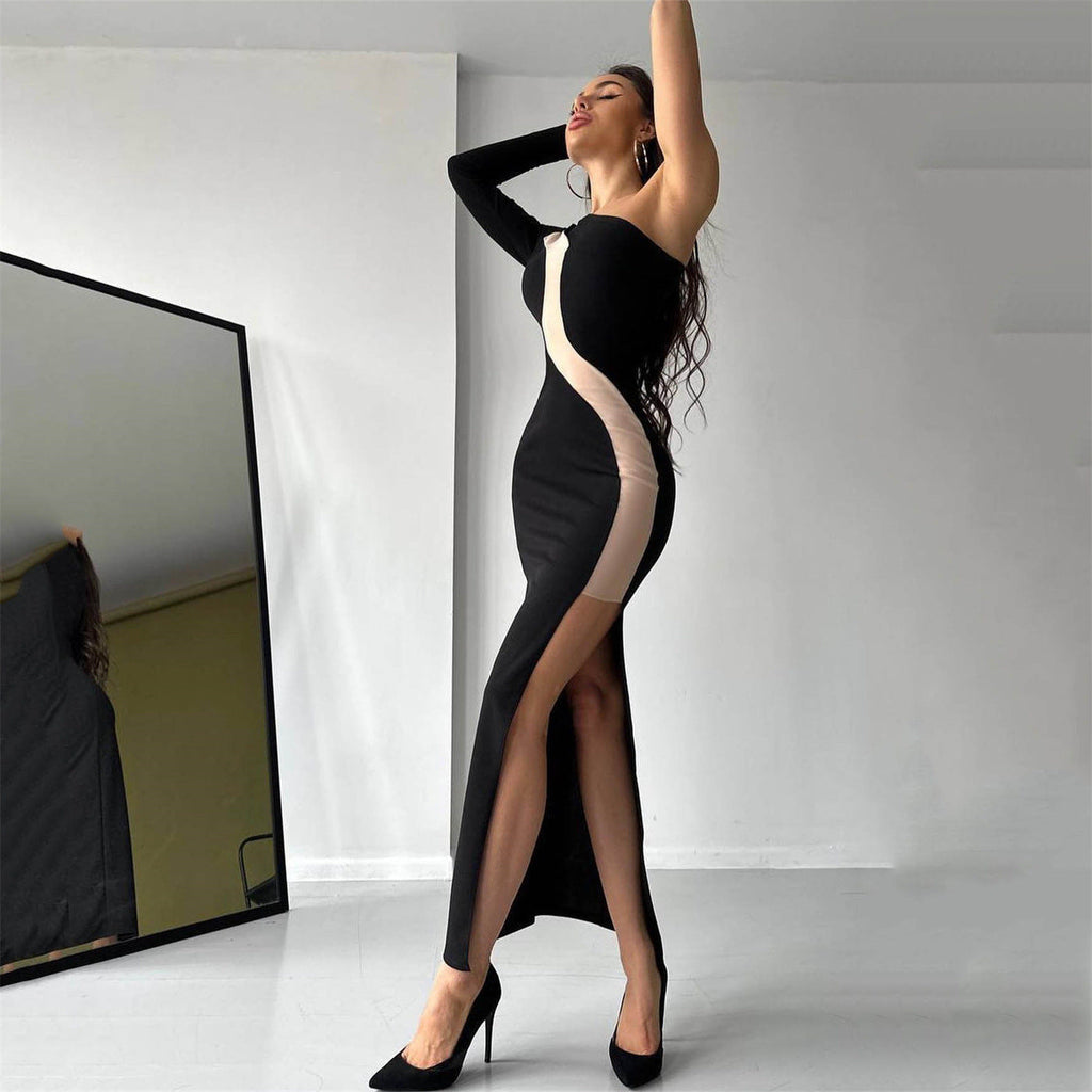 Sexy Women Clothing Diagonal Collar Single Sleeve Dress Women Mesh Stitching Sexy Slit Midi Dress Women Bella Mia