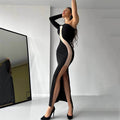 Sexy Women Clothing Diagonal Collar Single Sleeve Dress Women Mesh Stitching Sexy Slit Midi Dress Women Bella Mia