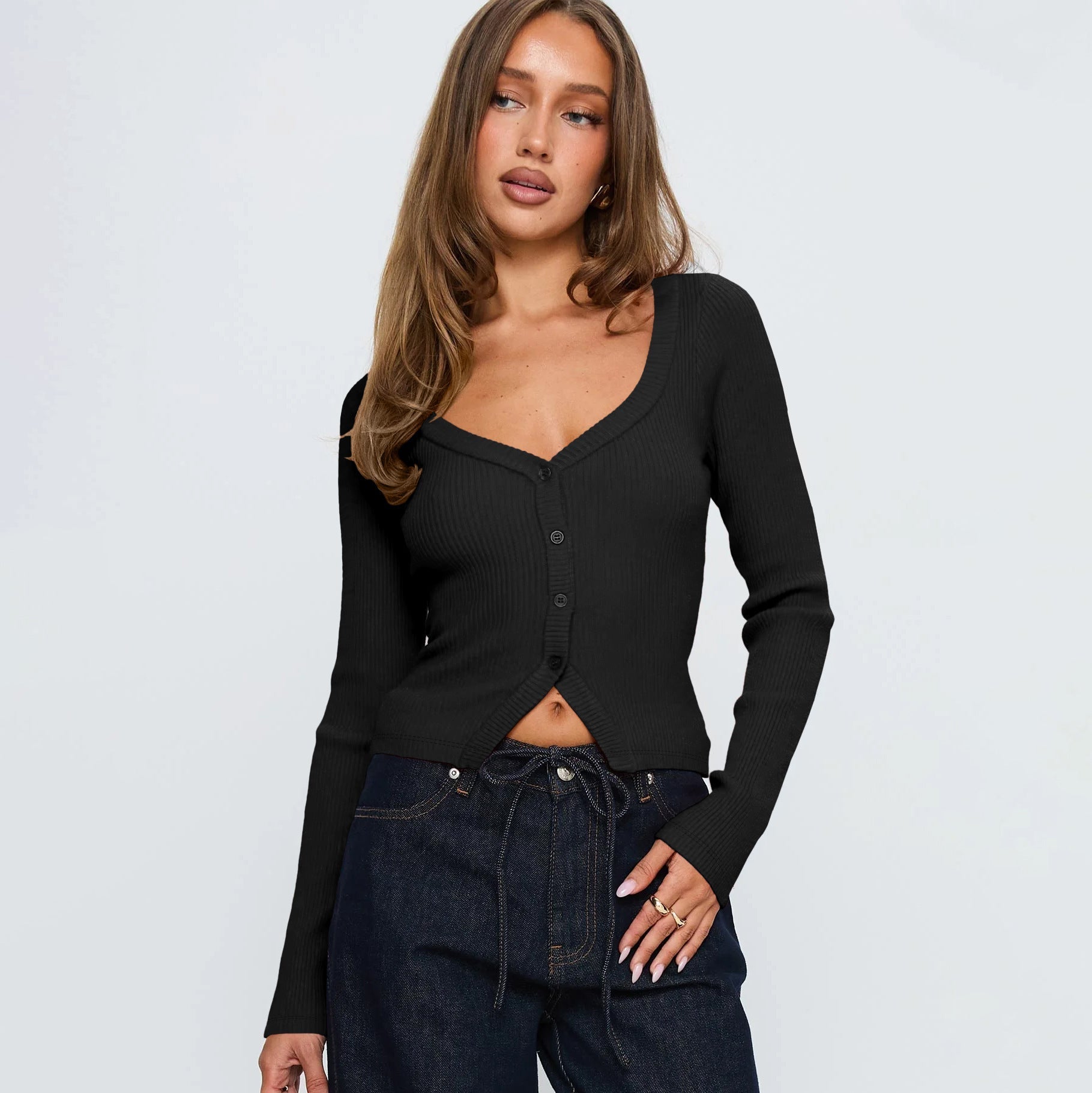 Women Fall Winter V neck Long Sleeve Ribbed Button Cardigan Slim Fit Bella Mia